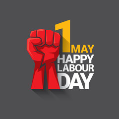 1 may Happy labour day vector label with strong protest fist isolated on grey background with rays. vector happy labor day background or banner with man hand. workers may day poster