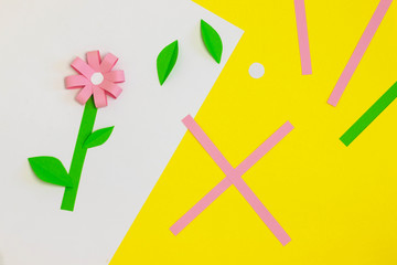 How to make paper flower for greeting card. Step 2. Children gift for Mother's Day. Art project. Step by step. Easy paper applications. Photo instruction. DIY concept. Spring or summer season.