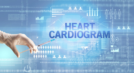 Close-up view of doctor's hand in a white glove holding syringe with HEART CARDIOGRAM inscription, healthcare and medical concept