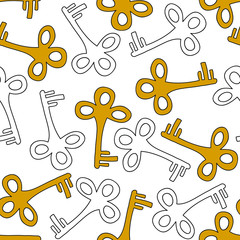 Golden and colorless keys: abstract seamless pattern, wallpaper texture print, wrapping design. Vector graphics.