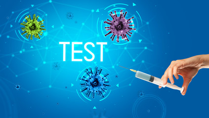 Syringe, medical injection in hand with TEST inscription, coronavirus vaccine concept