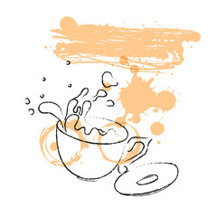 Sketched hand drawn coffee cup, hot tea drink. Tea cup symbol with stains of drinks. Vector illustration in sketch style, outline. Pencil sketch.