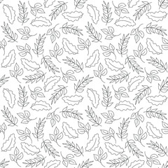 Fototapeta premium Leaves: simple drawings, colorless seamless pattern, floral wallpaper texture print, wrapping design. Vector graphics.