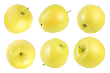 yellow apple isolated on white background with clipping path and full depth of field. Top view. Flat lay.