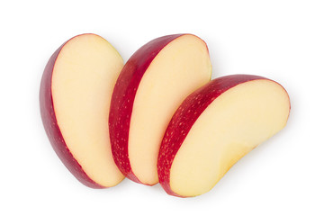Red apple slices isolated on white background with clipping path and full depth of field. Top view. Flat lay
