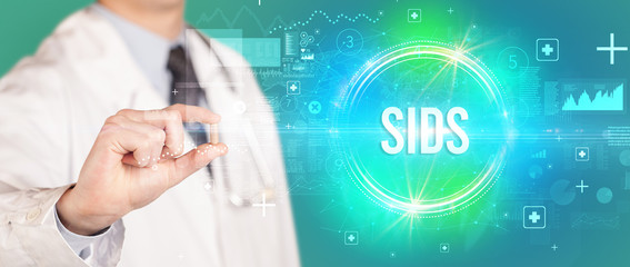 Close-up of a doctor giving you a pill with SIDS abbreviation, virology concept