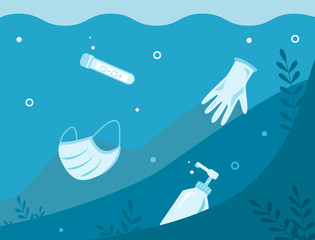 Underwater debris, trash after pandemic coronavirus Covid-19. Latex gloves, plastic bottle sanitizer, medical surgical mask and test flask. Environmental ecology rubbish concept. Vector illustration