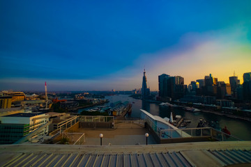 A dawn bay area at Darling harbour in Sydney high angle wide shot