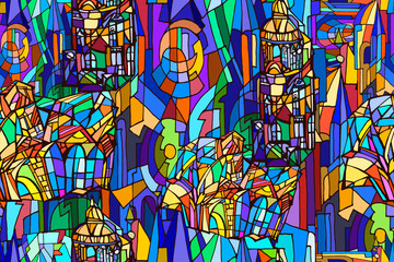 Abstract fantasy colorful night Gothic city illustration. Stained glass texture. Hand drawn.