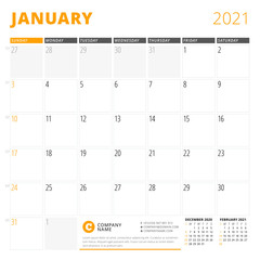 Corporate design planner template for January 2021. Monthly planner. Stationery design. Week starts on Sunday.
