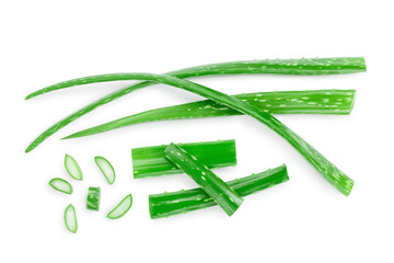 Aloe vera with slices isolated on white background with clipping path and full depth of field. Top view. Flat lay.