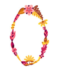 Beautiful elegant autumn frame decor. Natural color on leaves, berries, mushroom. Decoration for greeting card, banner, invitation. Flat vector illustration