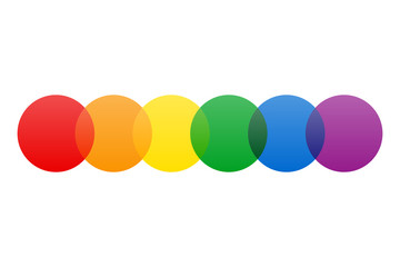 Rainbow LGBT flag symbol made of overlapping translucent circles. Gay pride flag sign consisting of six vibrant colors. Isolated illustration on white background. Vector.