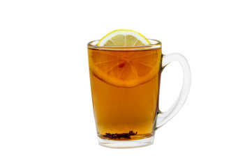  lemon in a glass cup of tea on a white background