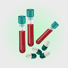 Obraz premium Blood tube for testing in laboratory on coronavirus with pills. Vector illustration of realistic tube, results sample for virus positive / negative.