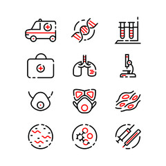 A simple set of vector line icons related to medicine coronavirus in black and red