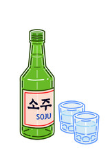 'Soju' illustrations set. soju is a clear, colorless distilled beverage of Korean origin. The letters written on the label mean soju.