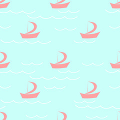 Fototapeta premium Pink cartoon ships on the background of blue water: sailing seamless pattern, wallpaper texture print, wrapping design. Vector graphics.