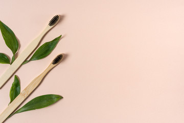 Recycled bamboo toothbrush lying near leaves
