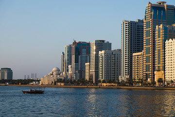 Panorama of the center of the Emirate of Sharjah, United Arab Emirates . Walking area in the UAE city. Real estate in United Arab Emirates .