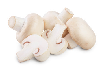 Fresh mushrooms champignon and half isolated on white background with clipping path