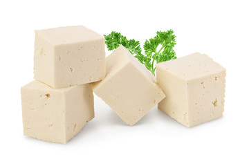 Heap of diced tofu cheese isolated on white background with clipping path and full depth of field,