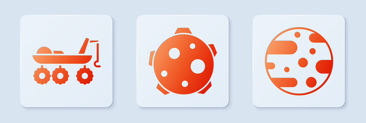 Set Planet, Mars rover and Planet Mars. White square button. Vector