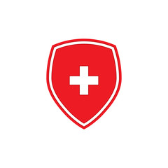 Fototapeta premium Red shield with white cross icon isolated on white background. Vector illustration