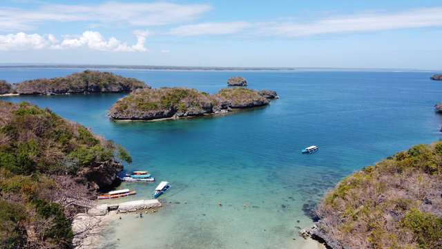 Aerial of a small port at Children's Island, one of the Hundred Islands in Alaminos, Pangasinan, Philippines.