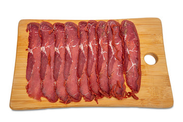 Turkish bacon, pastrami ( kayseri pastirma ) on white background