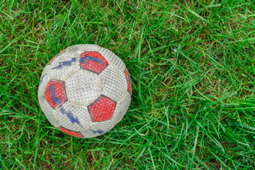 Scratched ball on green grass