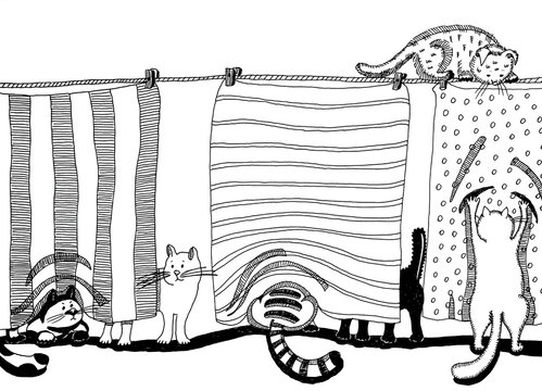 Graphics, black and white, hand drawn, funny sketch, linen dries on a rope, cats hide and play