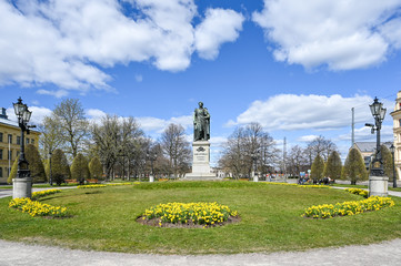 Carl Johans park with the statue of king Karl Johan XIV during early spring in Norrkoping, Sweden....