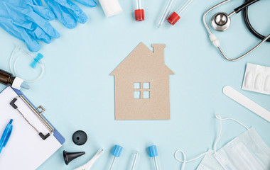 Stay home. Self-isolation. A test tube for taking a blood sample. Medications to treat the virus. The mask is designed for protection and prevention of diseases, the objects for detection of the virus