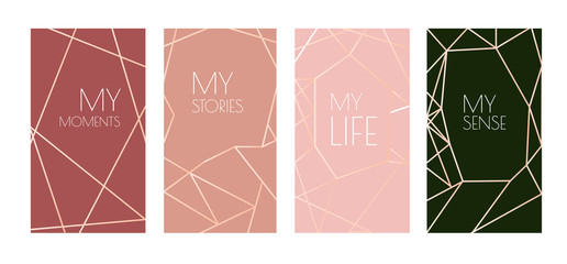 Graphic template set for instagram stories design. Golden lines in art deco style.