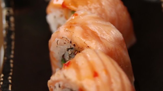 Sushi roll set . Various Sushi japanese food in restaurant.	