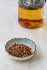 Healthy Traditional Herbal Rooibos Beverage Tea with Dried Spices and French Press.