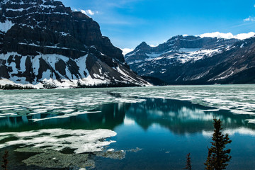 Bow Lake in early spring with some ice still on the lake. Banff National Park, Alberta, Canada