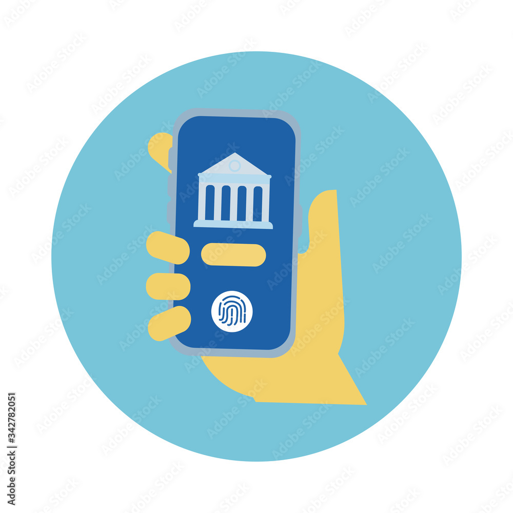 Poster hand using smartphone with bank block style