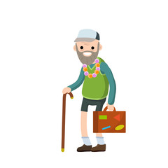 Old senior man in shorts and hat on vacation. Suitcase in hand for travel. Retirement. journey to South. Cartoon flat illustration. Trip of grandparent. Grandfather Traveler