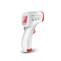 vector digital contactless electronic thermometer, red danger display, non-contact infrared thermography, body temperature safety, health care, epidemic prevention concept
