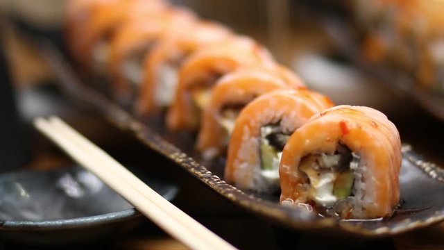 Sushi roll set . Various Sushi japanese food in restaurant.	