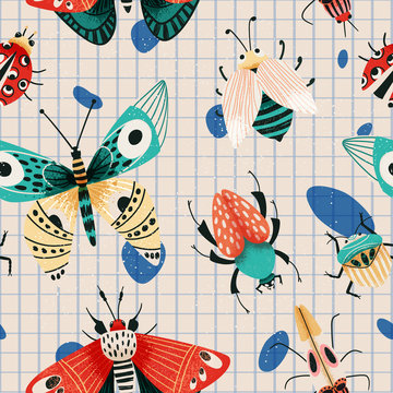 Summer insects cute pattern with beetles, moths and butterflies. 