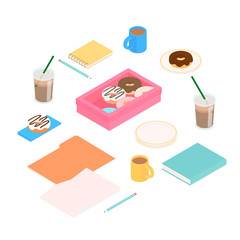 Work set with donuts and coffee. Isometric vector illustration in flat design.
