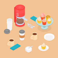 Beige coffee making set with cupcakes. Isometric vector illustration in flat design.