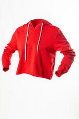 red sports hoodie, bright sports hoodie with hood front view red, ghostly mannequin isolated on white background