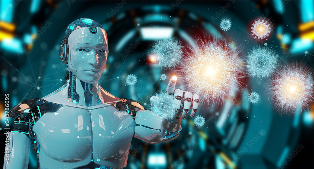 Poster Robot analyzing bacteria with digital holographic projection close-up 3D rendering