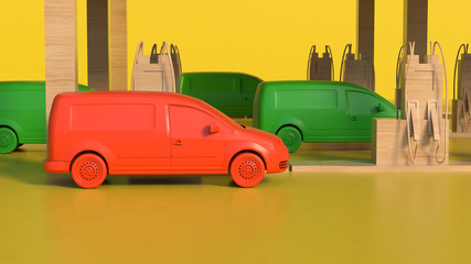 Colorful monochromatic cars on the wooden gas station. Minimalist composition. 3d render.