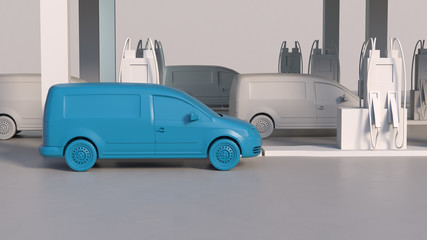 Blue monochromatic car on the white gas station. Minimalist composition. 3d render.