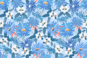 Fototapeta na wymiar Art floral vector seamless pattern. Blue asters, chrysanthemums, white and blue Columbine. Vector garden flowers Isolated on ice blue background. For fabric, home and kitchen textile, wallpaper.